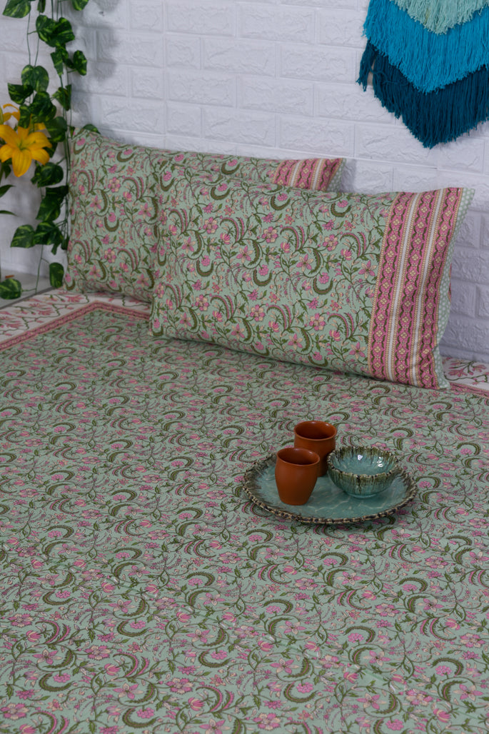 Mint Green Floral Print Bedsheet