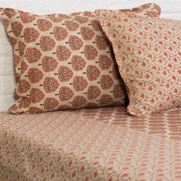 Coral Red Floral Print Ajrakh Bedsheet