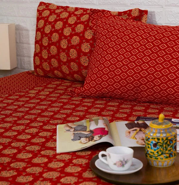 Floral and Ikat Print Ajrakh Bedsheet