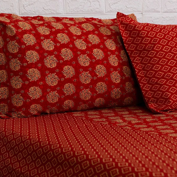 Floral and Ikat Print Ajrakh Bedsheet