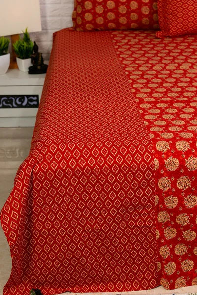 Floral and Ikat Print Ajrakh Bedsheet