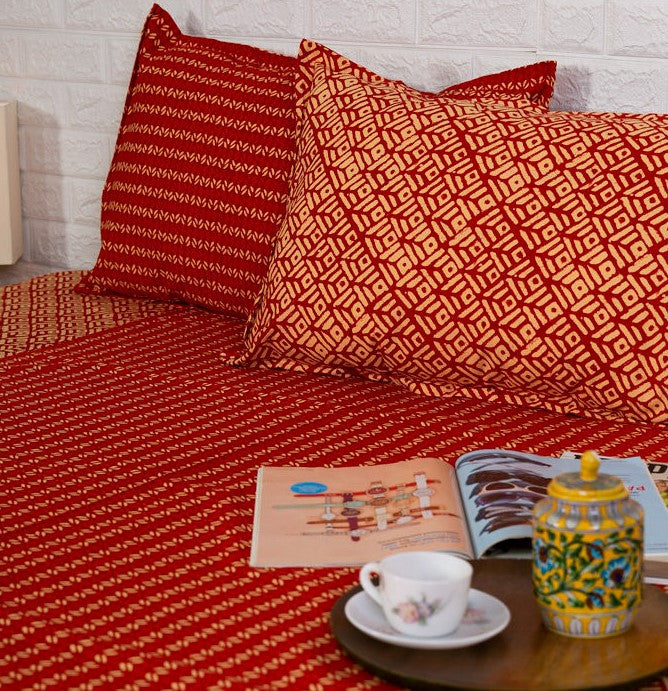 Cherry Red Leaf and Flower Buti Print Bedsheet