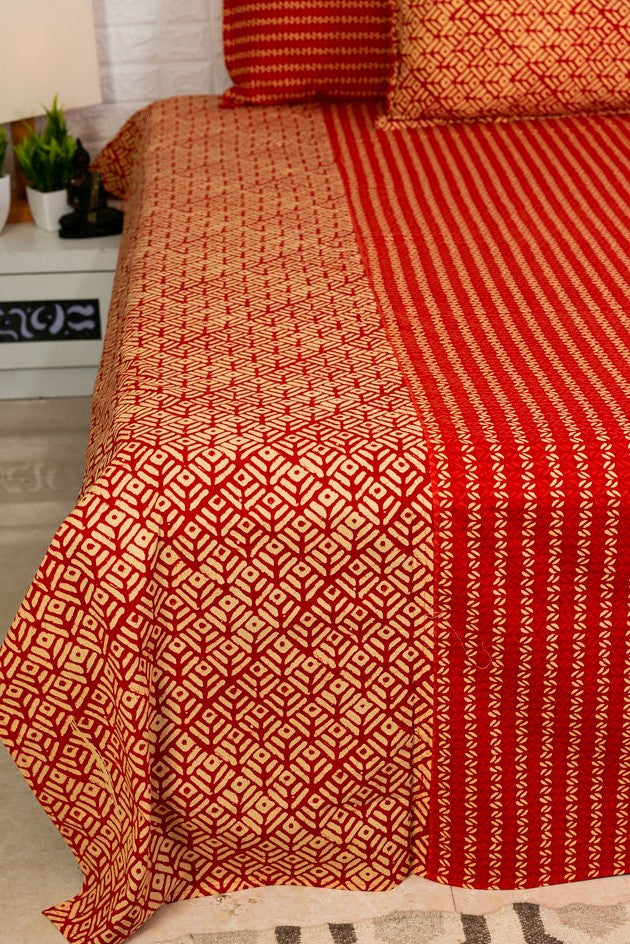 Cherry Red Leaf and Flower Buti Print Bedsheet