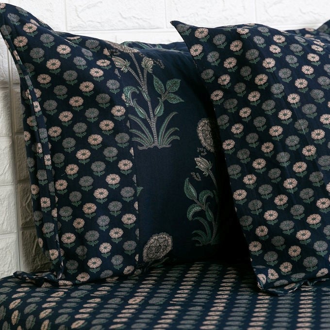 Ajrak Bed Sheet Set with Indigo Floral Print