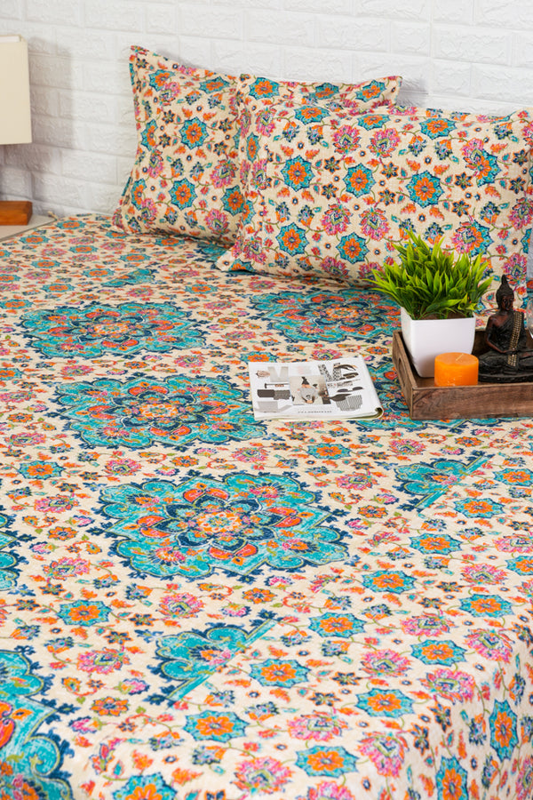 Multi Color Floral Print Ajrakh Bedsheet