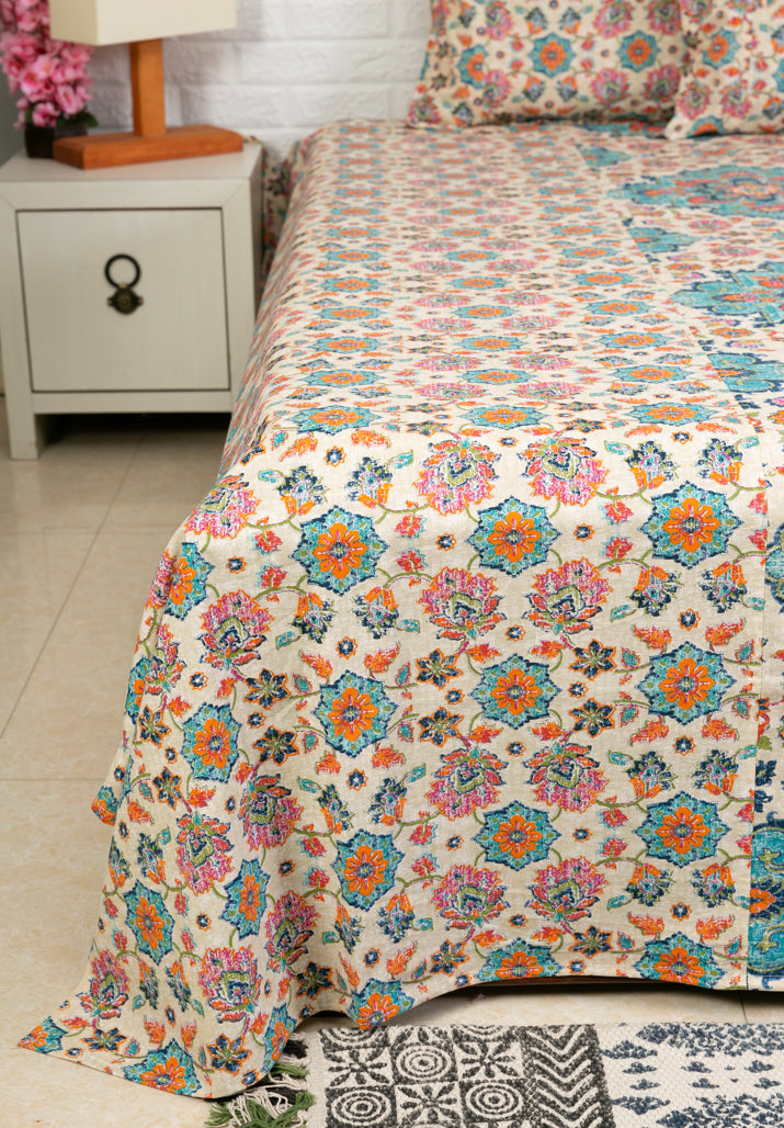 Multi Color Floral Print Ajrakh Bedsheet