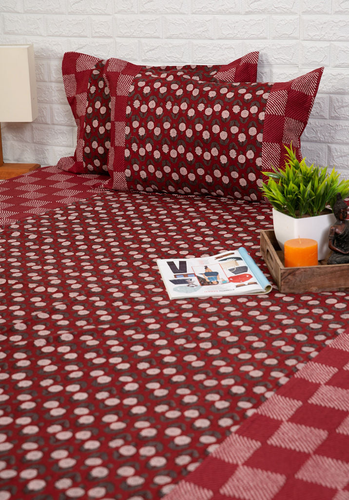 Maroon Checks and Floral Buti Ajrakh Bedsheet
