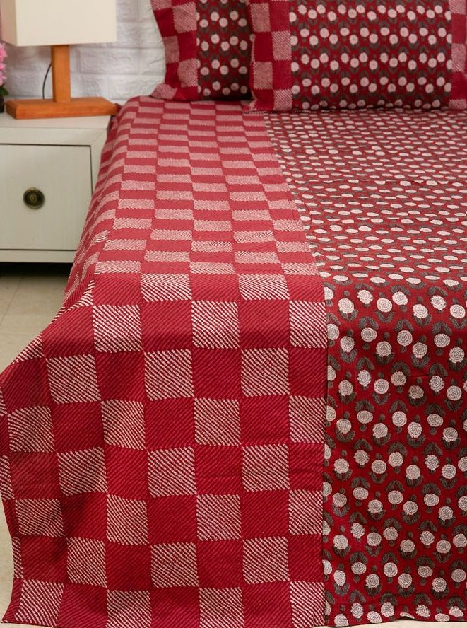 Maroon Checks and Floral Buti Ajrakh Bedsheet