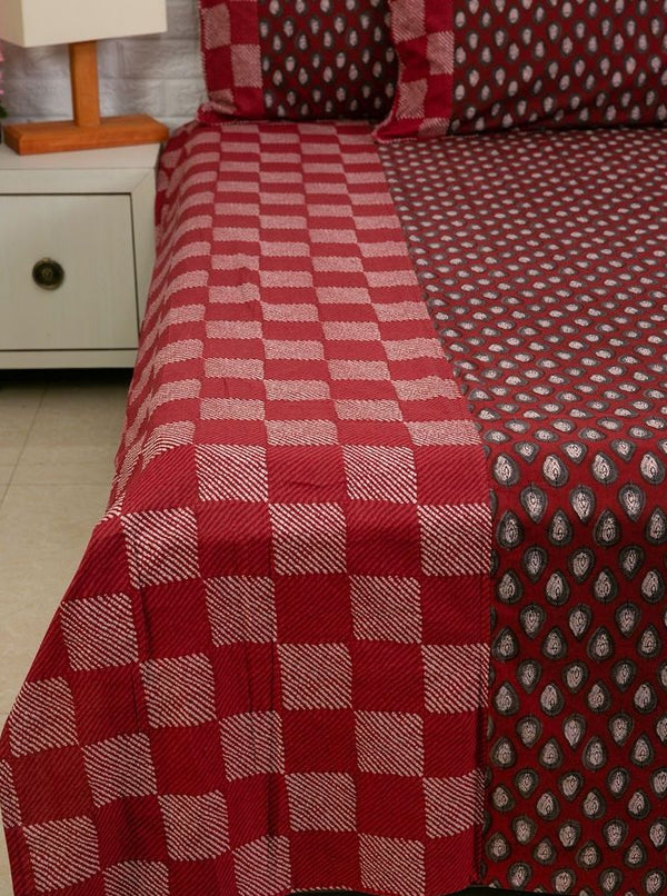 Maroon Checks and Leaf Buti Ajrakh Bedsheet