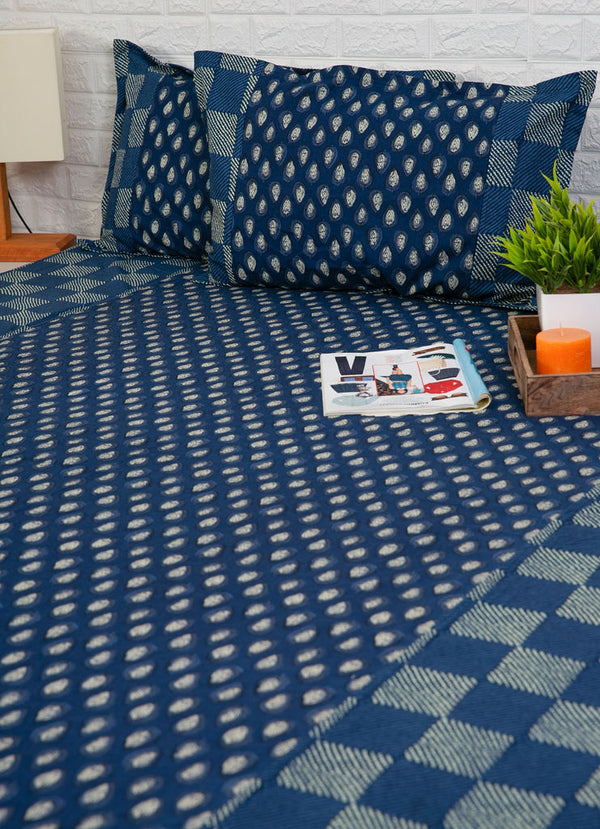 Indigo Checks and Flower Buti Ajrakh Bedsheet