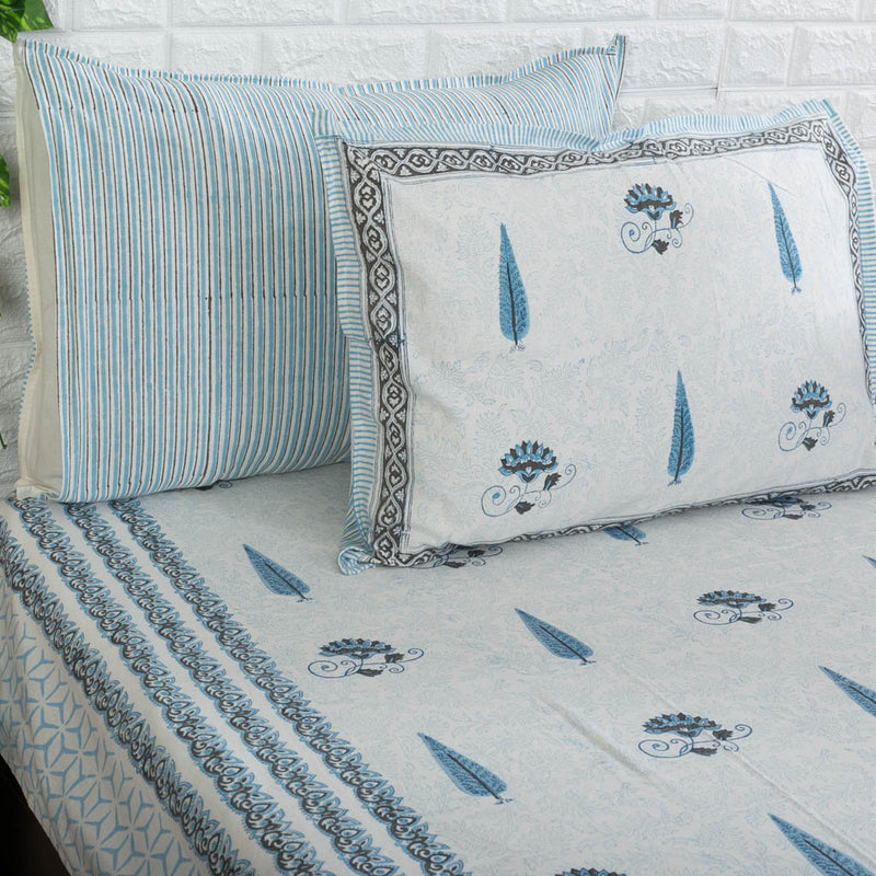Blue Cypress and Flower Motif Hand-Blocked Bedsheet