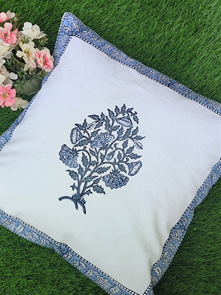 Blue and White Floral Buta Hand-Blocked Cushion Cover