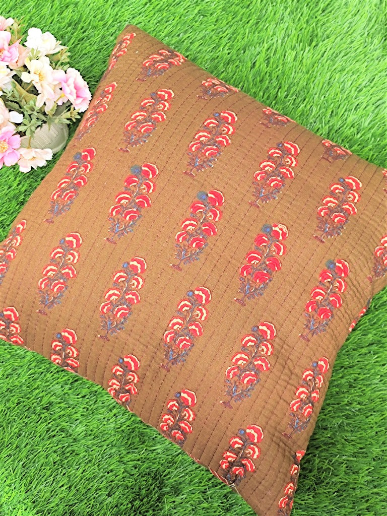 Brown Floral Buti Cushion Cover