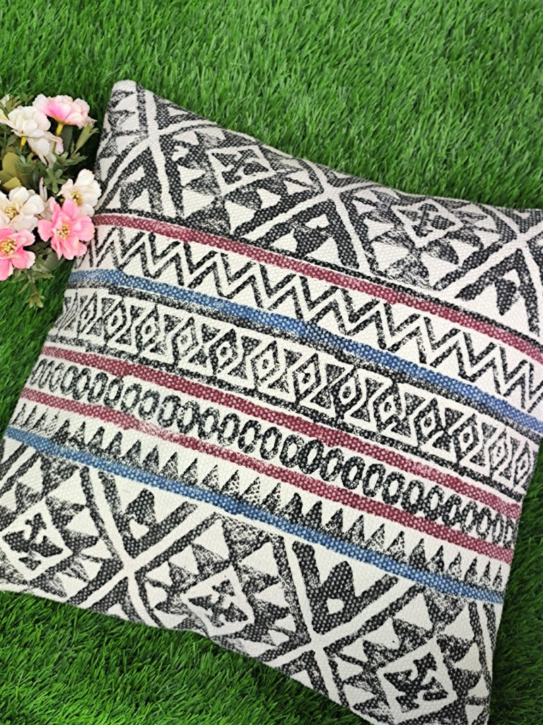 Geometrical Print Jute Cotton Cushion Cover