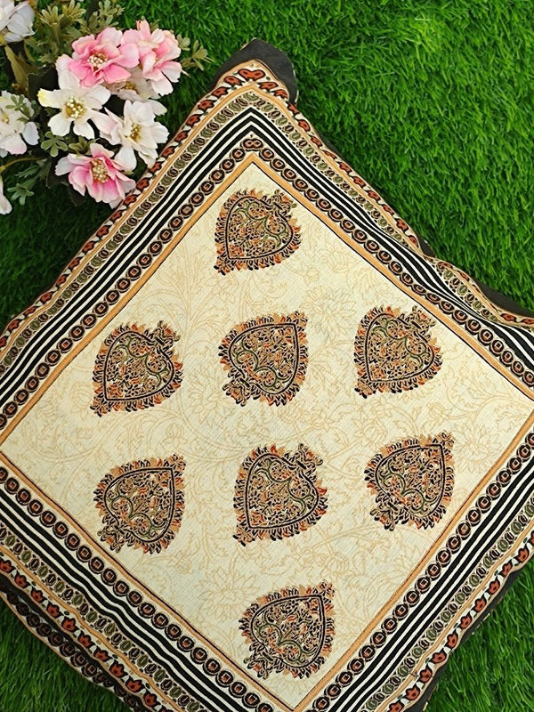 Beige and Brown Hand-Blocked Cushion Cover