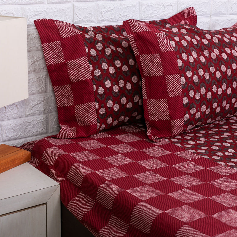 Maroon Checks and Floral Buti Ajrakh Bedsheet