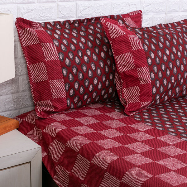 Maroon Checks and Leaf Buti Ajrakh Bedsheet