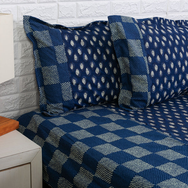 Indigo Checks and Flower Buti Ajrakh Bedsheet