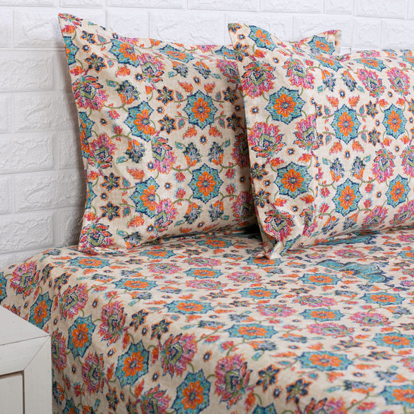 Multi Color Floral Print Ajrakh Bedsheet