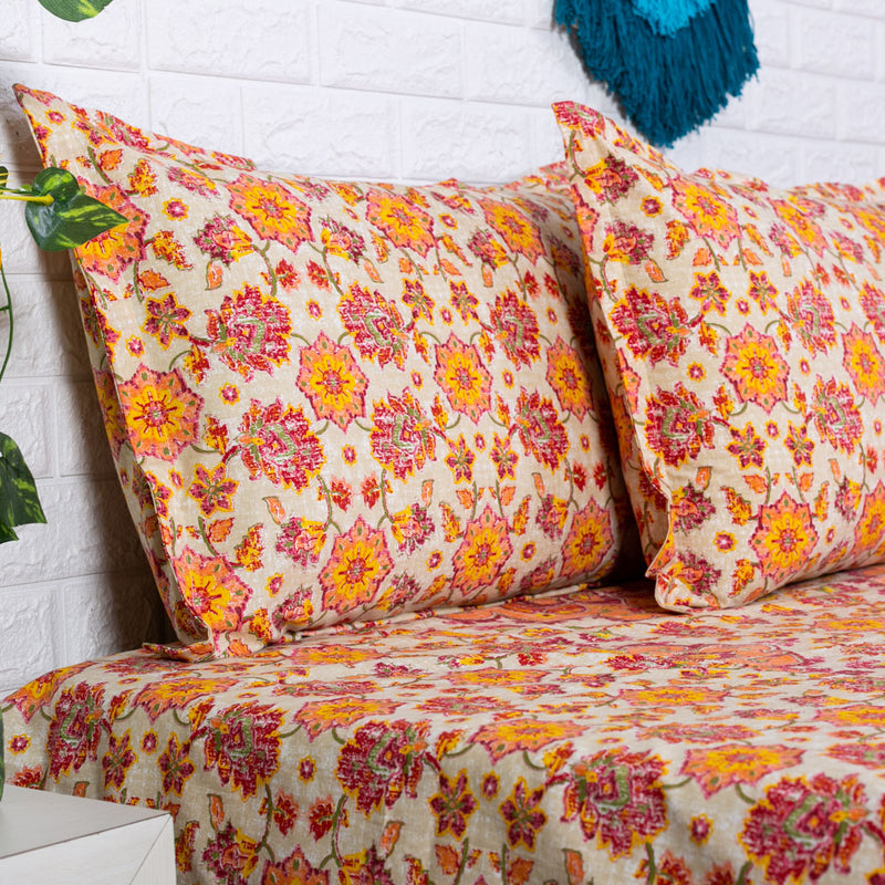 Maroon and Merigold Flower Print Ajrakh Bedsheet