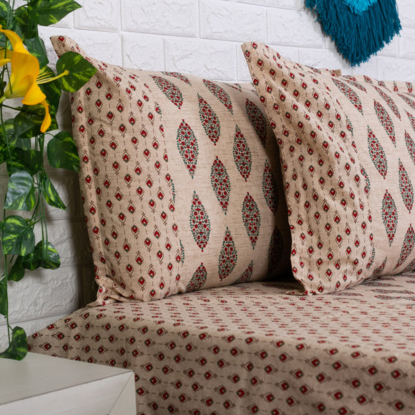 Beige and Red Leaf Buti Ajrakh Bedsheet