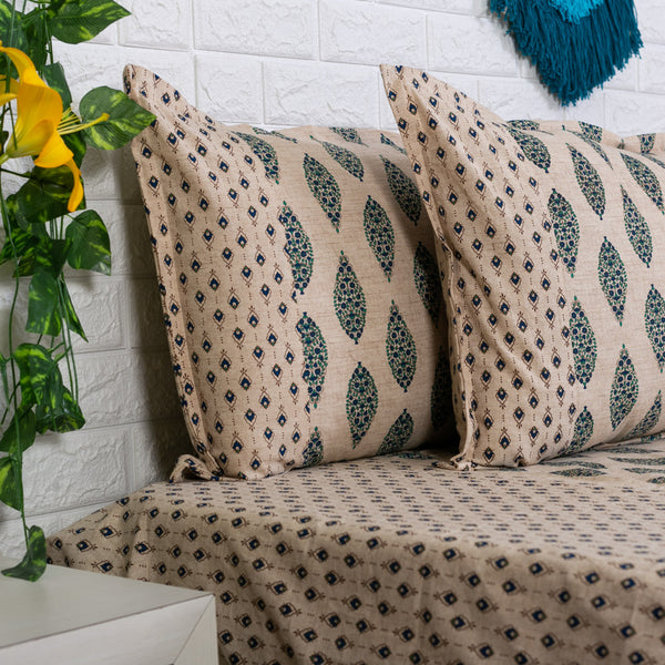 Beige and Blue Ajrakh Bedsheet
