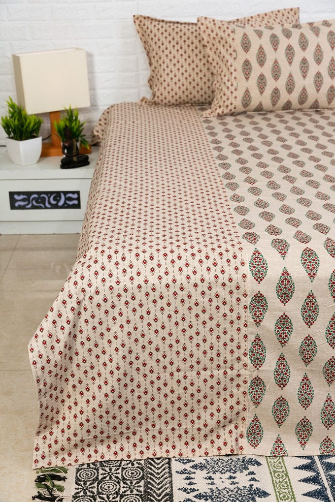 Beige and Red Leaf Buti Ajrakh Bedsheet