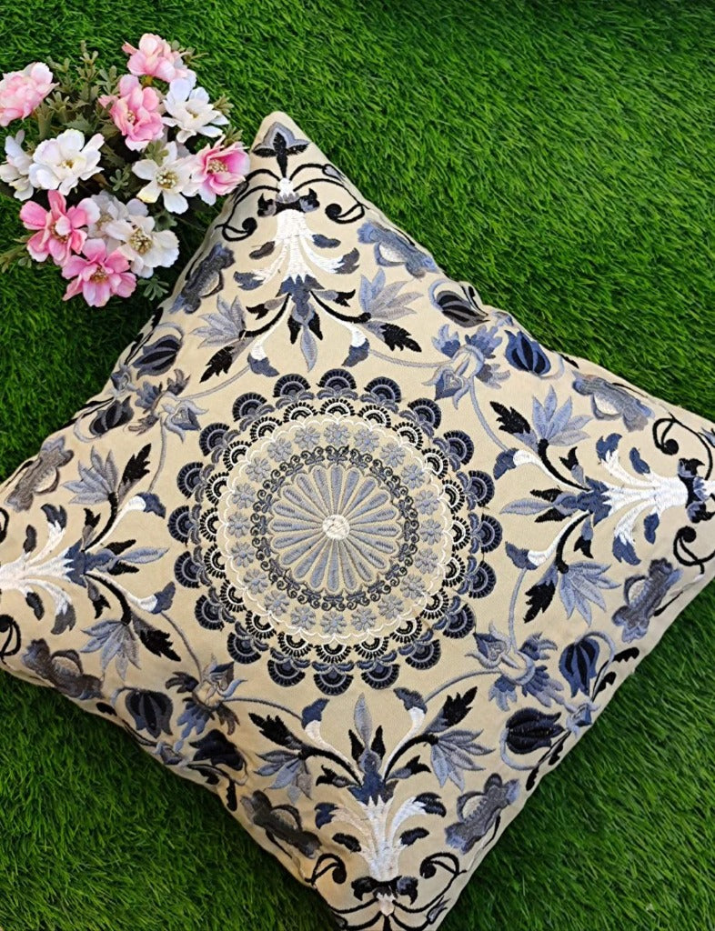 Blue Floral Embroidery Cushion Cover